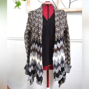 Jessica Chevron Patterned Open Front Sweater Brown, Gray, White - Medium